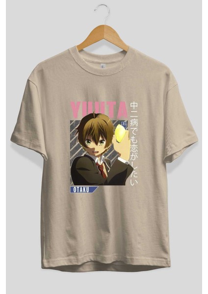 Yuuta Togashi 2 Anime Ön Baskılı Bej Oversize T-Shirt Erkek Kadın fiyatları