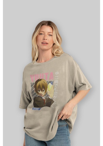 Yuuta Togashi 2 Anime Ön Baskılı Bej Oversize T-Shirt Erkek Kadın modelleri