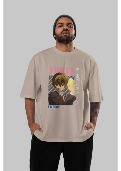 Yuuta Togashi 2 Anime Ön Baskılı Bej Oversize T-Shirt Erkek Kadın fırsatları