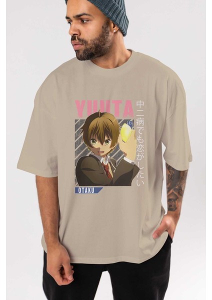 Yuuta Togashi 2 Anime Ön Baskılı Bej Oversize T-Shirt Erkek Kadın indirimleri