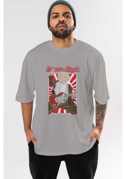 Einstein Science Ön Baskılı Gri Oversize T-Shirt Unisex Erkek Kadın Bisiklet Yaka