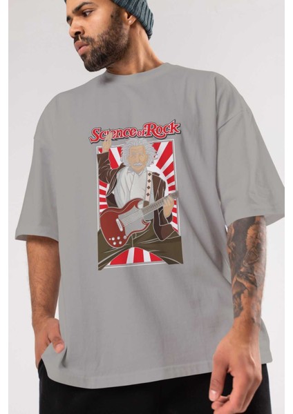 Einstein Science Ön Baskılı Gri Oversize T-Shirt Unisex Erkek Kadın Bisiklet Yaka modelleri