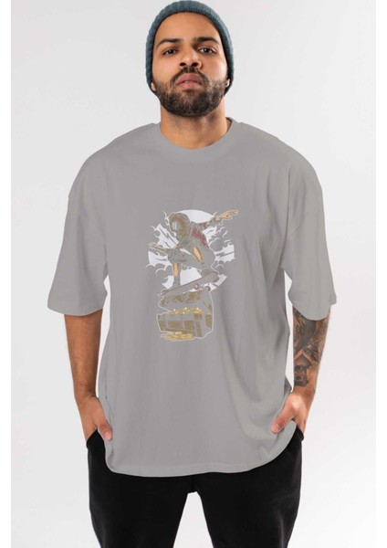 Diver Skater Treasure Ön Baskılı Gri Oversize T-Shirt Unisex Erkek Kadın Bisiklet Yaka