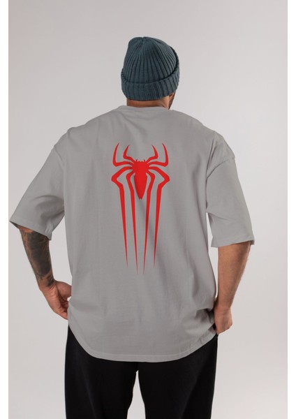 Spiderman Arka Baskılı Gri Oversize T-Shirt Unisex Erkek Kadın Bisiklet Yaka