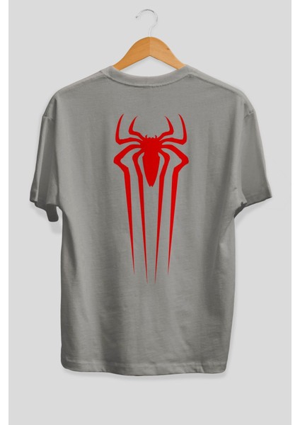 Spiderman Arka Baskılı Gri Oversize T-Shirt Unisex Erkek Kadın Bisiklet Yaka fiyatları