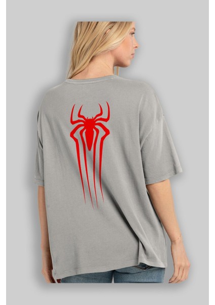 Spiderman Arka Baskılı Gri Oversize T-Shirt Unisex Erkek Kadın Bisiklet Yaka modelleri