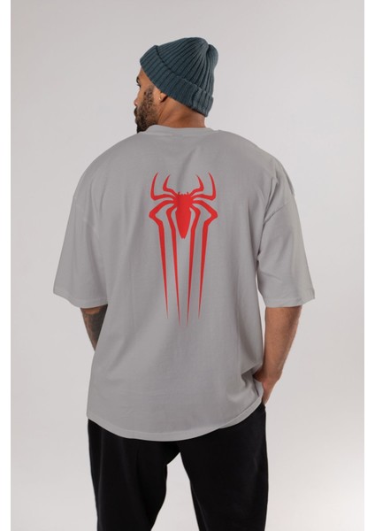 Spiderman Arka Baskılı Gri Oversize T-Shirt Unisex Erkek Kadın Bisiklet Yaka fırsatları