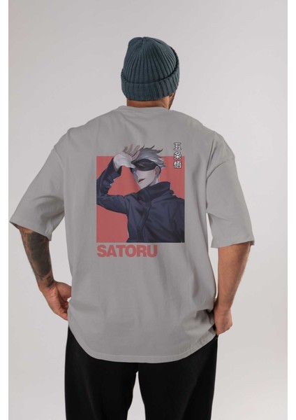 Satoru Gojo 2 Anime Arka Baskılı Gri Oversize T-Shirt %100 Pamuk Erkek Kadın
