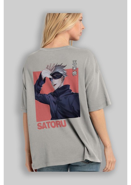Satoru Gojo 2 Anime Arka Baskılı Gri Oversize T-Shirt %100 Pamuk Erkek Kadın modelleri