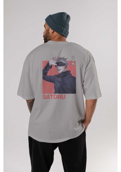 Satoru Gojo 2 Anime Arka Baskılı Gri Oversize T-Shirt %100 Pamuk Erkek Kadın fırsatları