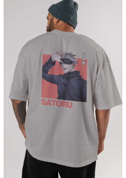 Satoru Gojo 2 Anime Arka Baskılı Gri Oversize T-Shirt %100 Pamuk Erkek Kadın indirimleri