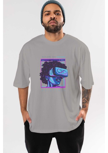 Metaverse Ön Baskılı Gri Oversize T-Shirt Unisex Erkek Kadın Bisiklet Yaka