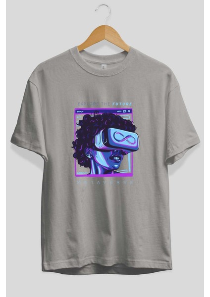 Metaverse Ön Baskılı Gri Oversize T-Shirt Unisex Erkek Kadın Bisiklet Yaka fiyatları