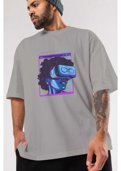 Metaverse Ön Baskılı Gri Oversize T-Shirt Unisex Erkek Kadın Bisiklet Yaka modelleri