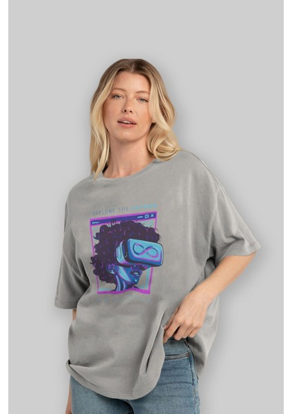 Metaverse Ön Baskılı Gri Oversize T-Shirt Unisex Erkek Kadın Bisiklet Yaka fırsatları