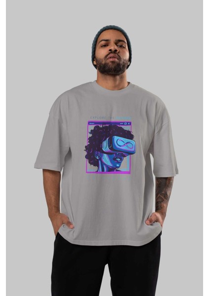 Metaverse Ön Baskılı Gri Oversize T-Shirt Unisex Erkek Kadın Bisiklet Yaka indirimleri