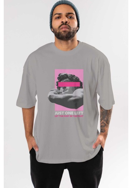 Just One Left Ön Baskılı Gri Oversize T-Shirt Unisex Erkek Kadın Bisiklet Yaka