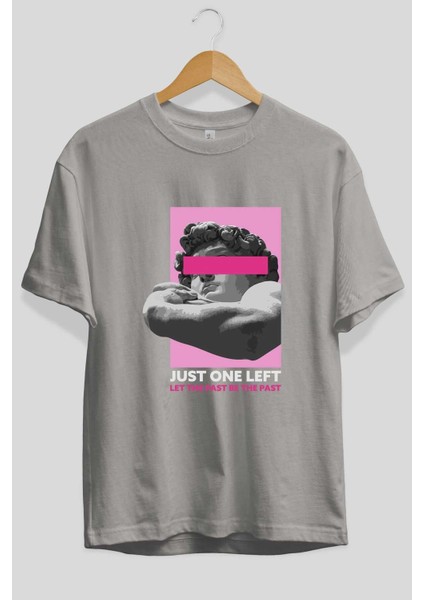 Just One Left Ön Baskılı Gri Oversize T-Shirt Unisex Erkek Kadın Bisiklet Yaka fiyatları