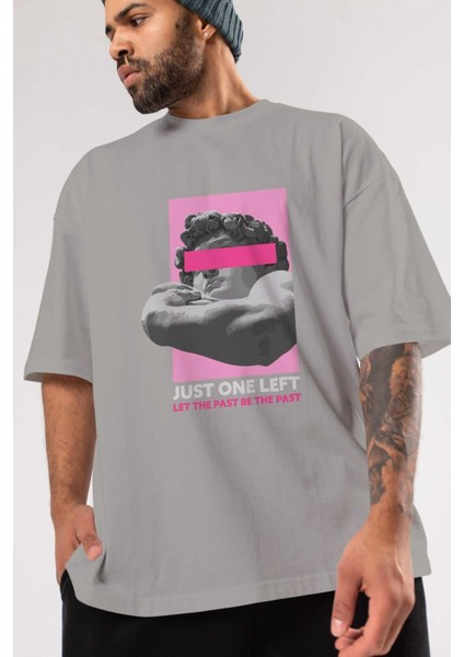 Just One Left Ön Baskılı Gri Oversize T-Shirt Unisex Erkek Kadın Bisiklet Yaka modelleri