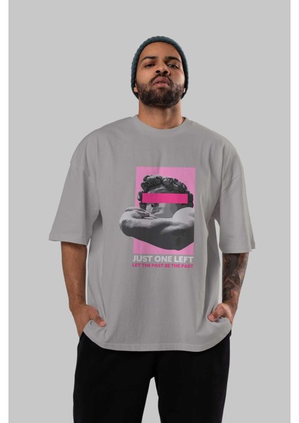 Just One Left Ön Baskılı Gri Oversize T-Shirt Unisex Erkek Kadın Bisiklet Yaka indirimleri