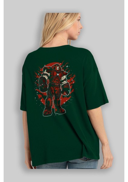 Jugernaut Arka Baskılı Zümrüt Yeşili Oversize T-Shirt Unisex Erkek Kadın Bisiklet Yaka fırsatları