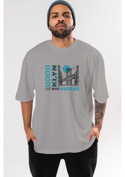 Brooklyn 2 Ön Baskılı Gri Oversize T-Shirt Unisex Erkek Kadın Bisiklet Yaka
