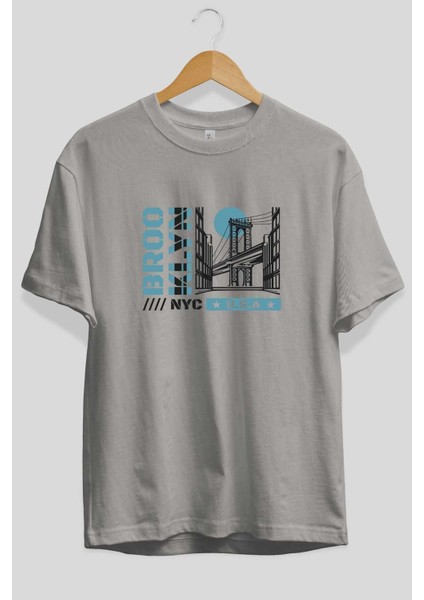 Brooklyn 2 Ön Baskılı Gri Oversize T-Shirt Unisex Erkek Kadın Bisiklet Yaka fiyatları