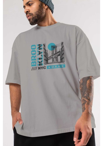 Brooklyn 2 Ön Baskılı Gri Oversize T-Shirt Unisex Erkek Kadın Bisiklet Yaka modelleri