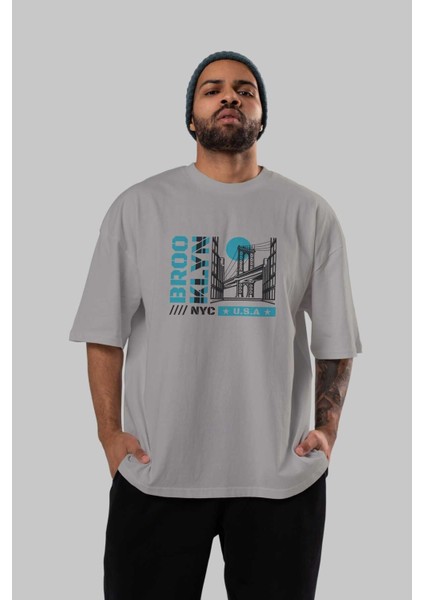 Brooklyn 2 Ön Baskılı Gri Oversize T-Shirt Unisex Erkek Kadın Bisiklet Yaka indirimleri