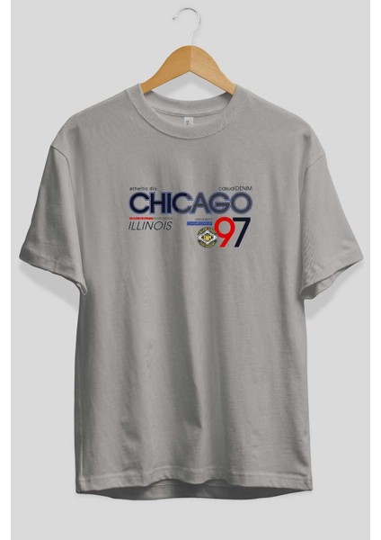 Chicago 97 Ön Baskılı Gri Oversize T-Shirt Unisex Erkek Kadın Bisiklet Yaka fiyatları