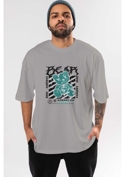 Bear Sadness Ön Baskılı Gri Oversize T-Shirt Unisex Erkek Kadın Bisiklet Yaka