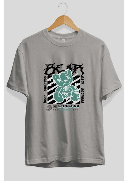 Bear Sadness Ön Baskılı Gri Oversize T-Shirt Unisex Erkek Kadın Bisiklet Yaka fiyatları