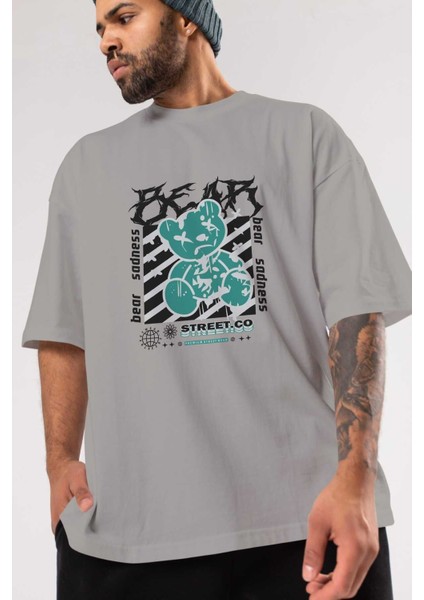 Bear Sadness Ön Baskılı Gri Oversize T-Shirt Unisex Erkek Kadın Bisiklet Yaka modelleri