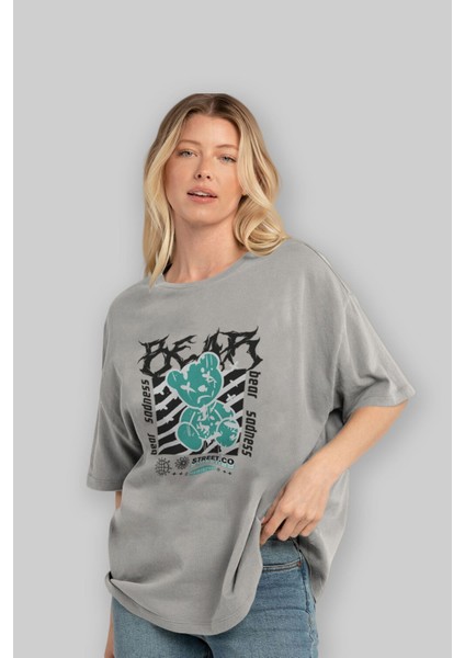 Bear Sadness Ön Baskılı Gri Oversize T-Shirt Unisex Erkek Kadın Bisiklet Yaka fırsatları