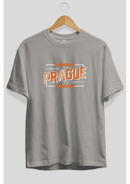 Prague Ön Baskılı Gri Oversize T-Shirt Unisex Erkek Kadın Bisiklet Yaka fiyatları