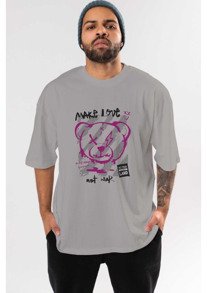 Make Love Bear Ön Baskılı Gri Oversize T-Shirt Unisex Erkek Kadın Bisiklet Yaka