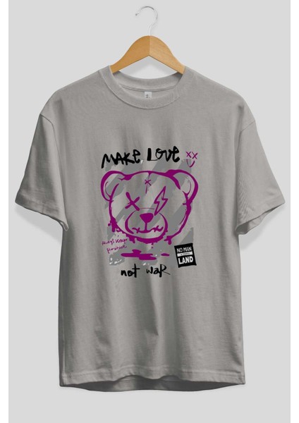 Make Love Bear Ön Baskılı Gri Oversize T-Shirt Unisex Erkek Kadın Bisiklet Yaka fiyatları