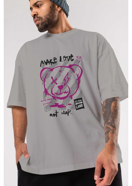 Make Love Bear Ön Baskılı Gri Oversize T-Shirt Unisex Erkek Kadın Bisiklet Yaka modelleri
