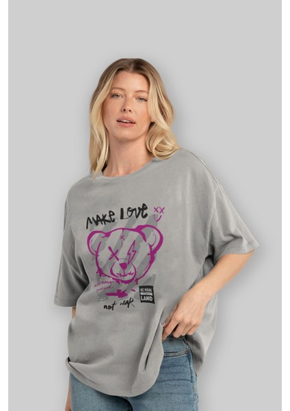 Make Love Bear Ön Baskılı Gri Oversize T-Shirt Unisex Erkek Kadın Bisiklet Yaka fırsatları