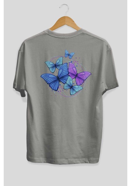 Kelebek Arka Baskılı Gri Oversize T-Shirt Unisex Erkek Kadın Bisiklet Yaka fiyatları