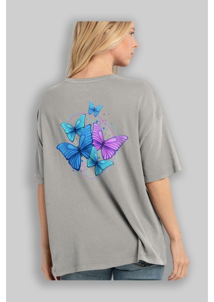 Kelebek Arka Baskılı Gri Oversize T-Shirt Unisex Erkek Kadın Bisiklet Yaka modelleri