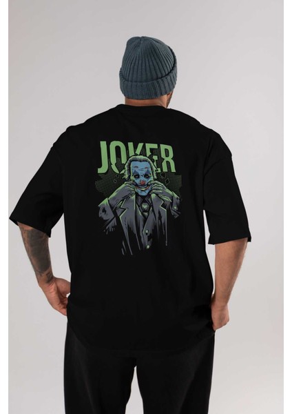Joker (9) Arka Baskılı Siyah Oversize T-Shirt Bisiklet Yaka Pamuk Erkek Kadın