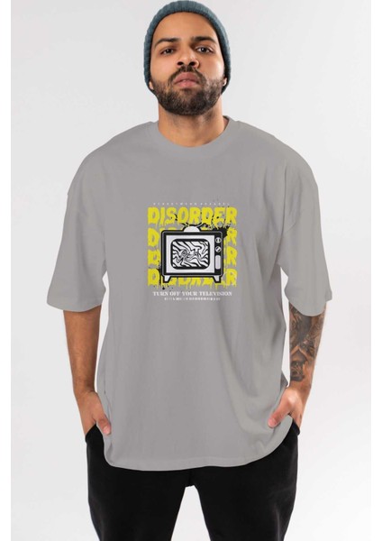 Disorder Streetwear Ön Baskılı Gri Oversize T-Shirt Unisex Erkek Kadın Bisiklet Yaka