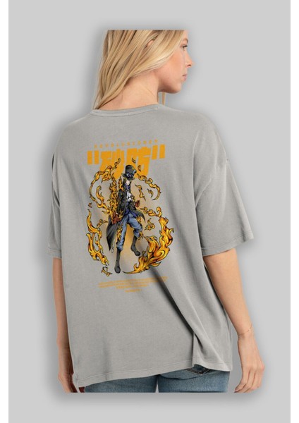 Revolusioner Sabo Anime Arka Baskılı Gri Oversize T-Shirt %100 Pamuk Erkek Kadın modelleri