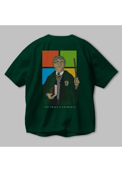 Harry Potter Gates Arka Baskılı Zümrüt Yeşili Oversize T-Shirt Unisex Erkek Kadın Bisiklet Yaka modelleri