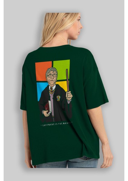 Harry Potter Gates Arka Baskılı Zümrüt Yeşili Oversize T-Shirt Unisex Erkek Kadın Bisiklet Yaka fırsatları