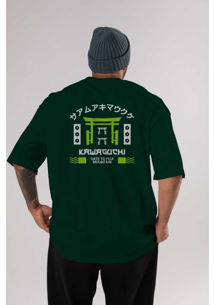 Kawaguchi Arka Baskılı Zümrüt Yeşili Oversize T-Shirt Unisex Erkek Kadın Bisiklet Yaka