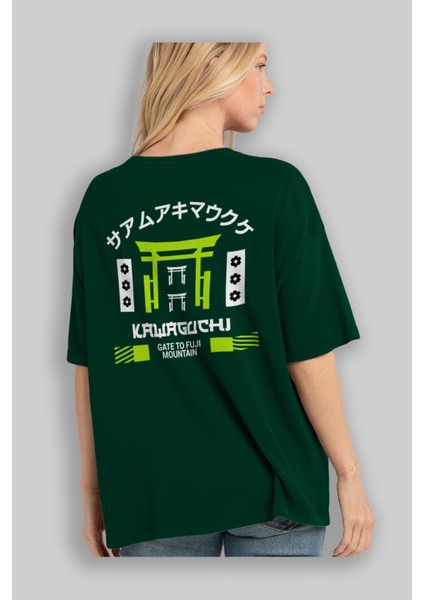 Kawaguchi Arka Baskılı Zümrüt Yeşili Oversize T-Shirt Unisex Erkek Kadın Bisiklet Yaka fırsatları