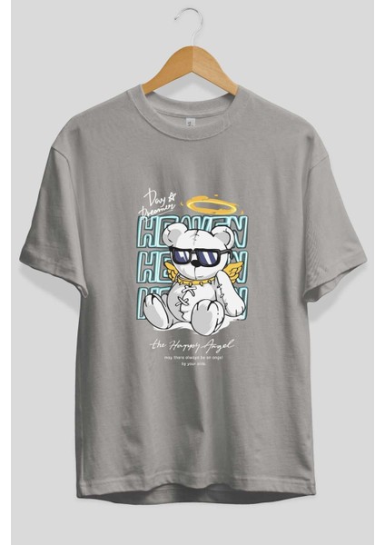 Heaven Bear Ön Baskılı Gri Oversize T-Shirt Unisex Erkek Kadın Bisiklet Yaka fiyatları
