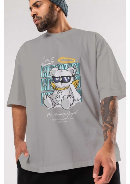 Heaven Bear Ön Baskılı Gri Oversize T-Shirt Unisex Erkek Kadın Bisiklet Yaka modelleri